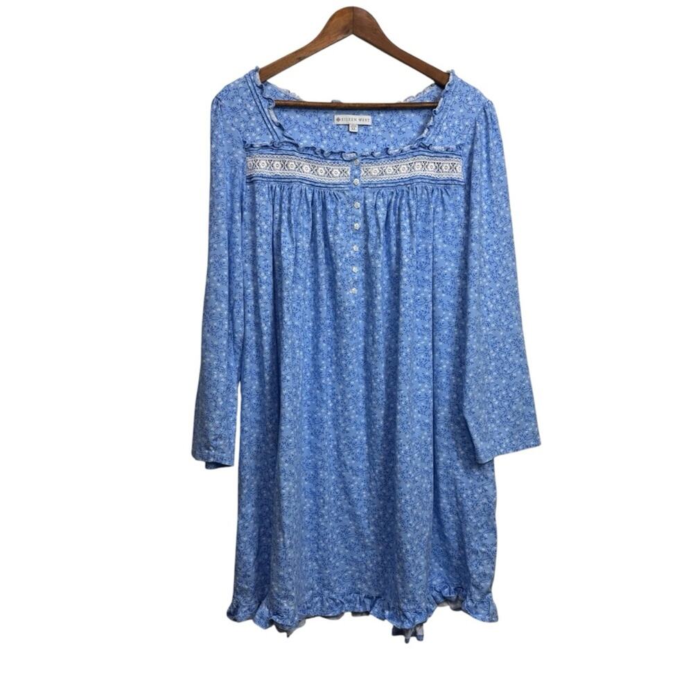 Eileen West Blue Floral Cotton Nightgown with Embroidered Yoke